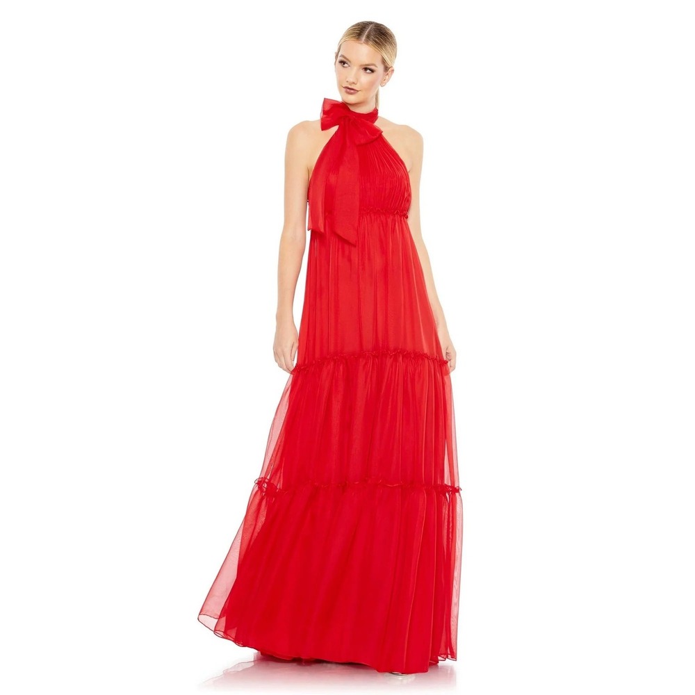 Mac Duggal Red Chiffon Tiered Halter Gown Bow Neck Formal Dress 55848